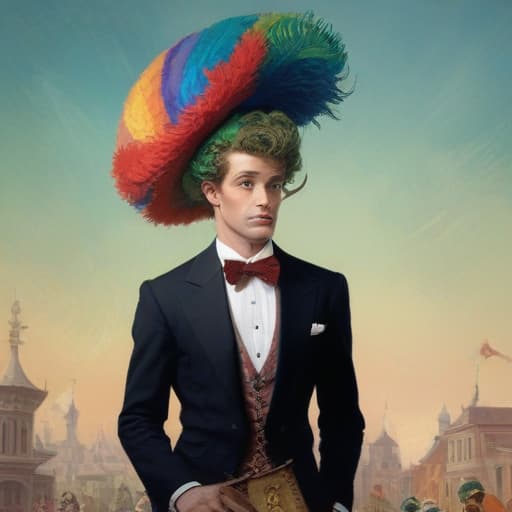 Rainbow twink man in lady wig makeup Cupid’s bow lipstick cowboy top hat and headdress tuxedo with spur whore Elizabethan collar wand parasol peacock dress, cartoon, full of colour, disney, sharp focus, illustration, 50's cartoons, norman rockwell