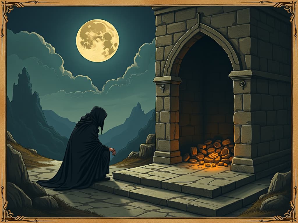  silhouette of a person, kneeling by an ancient stone altar, hidden treasures revealed, whispers of wind, moonlit night, aura of mystery and discovery. an illustration in the style of a worn, mystical old tarot trump card, mysterious and elements of surrealism. the colors are muted, somber and eerie, but with contrast bring out an occult and esoteric vibe.