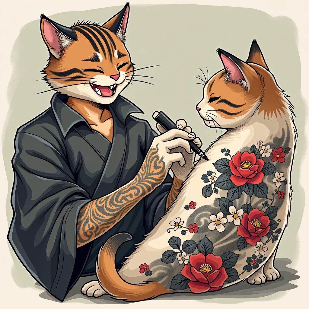  a cat tattoo master with a wide smile is giving a tattoo to another cat in a japanese style.