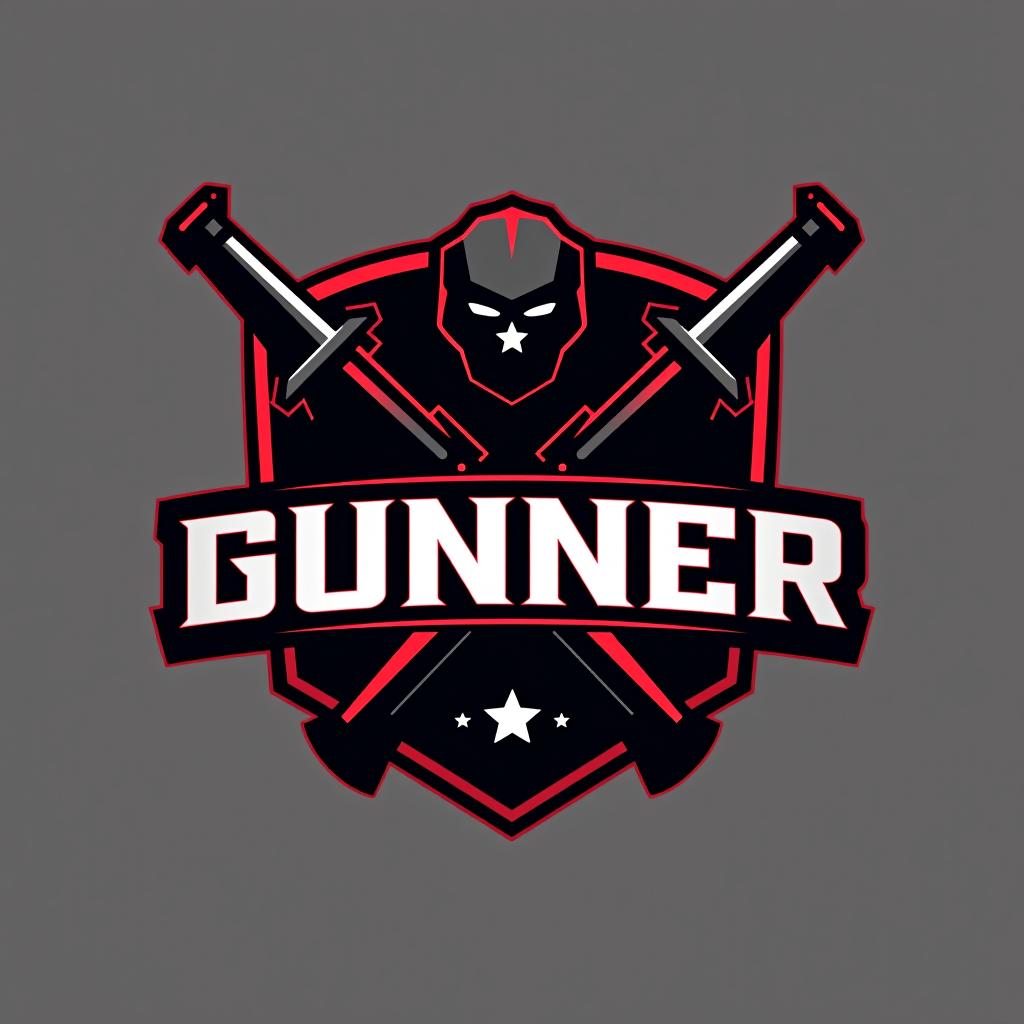  design a logo, logo esports, thème armes à feu, avec le texte ‘gunner’, couleur noir et rouge