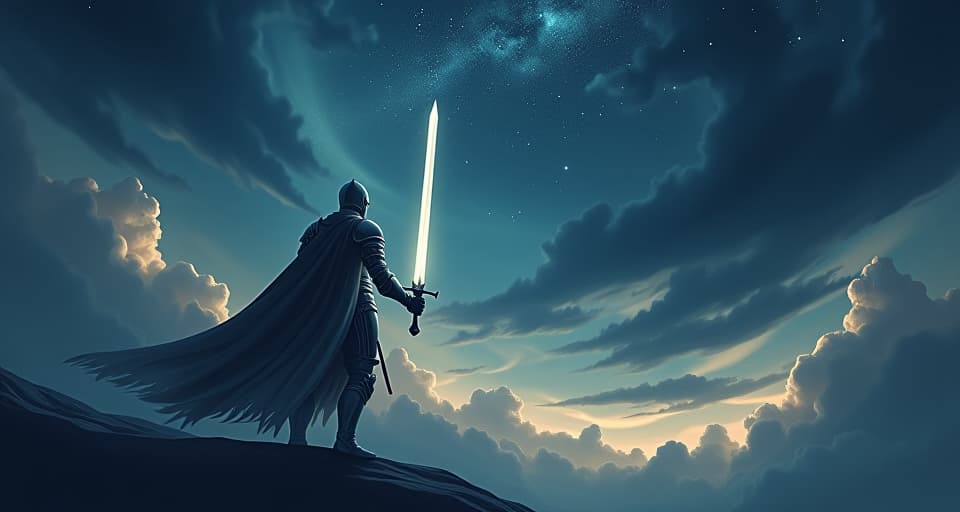  an ethereal knight standing against a backdrop of dark swirling clouds, holding a glowing sword. the sky is filled with bright stars, symbolizing defiance and resilience.. the style is digital art illustration,highly detailed, whimsical,magical, dreamlike atmosphere, realism and fantasy blend, smooth, glossy textures,luminous quality, wonder and enchantment.