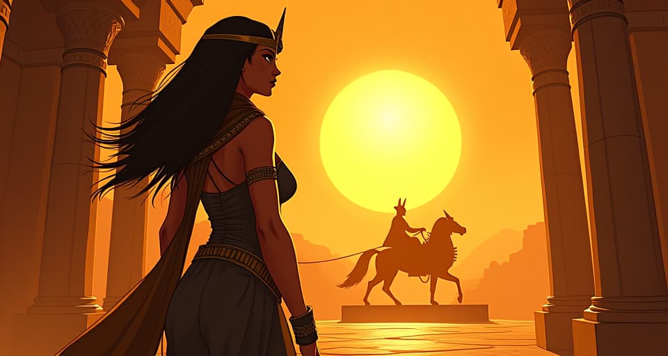  ra, the sun god, his golden chariot poised at the horizon, light breaking through temple columns, large busted priestess in sleek, form fitting garments, anticipation in her eyes, awaiting the moment for action. the style is digital art illustration / modern comic book / mysterious occult, symbolic, esoteric vibe,high detail on character design, incorporating ancient egyptian symbology and attire.