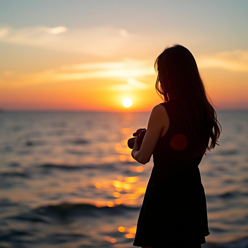  a brunette asian girl with long dark hair in a black dress is standing by the sea, facing away from us against the backdrop of a sunset, holding a camera in her hands.