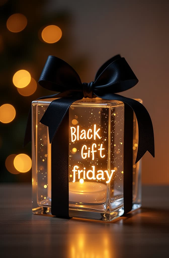  real estate photography style transparent glass gift with glass black bow, golden glowing text black friday, festive golden bokeh background ar 3:2 ar 2:3 . professional, inviting, well lit, high resolution, property focused, commercial, highly detailed