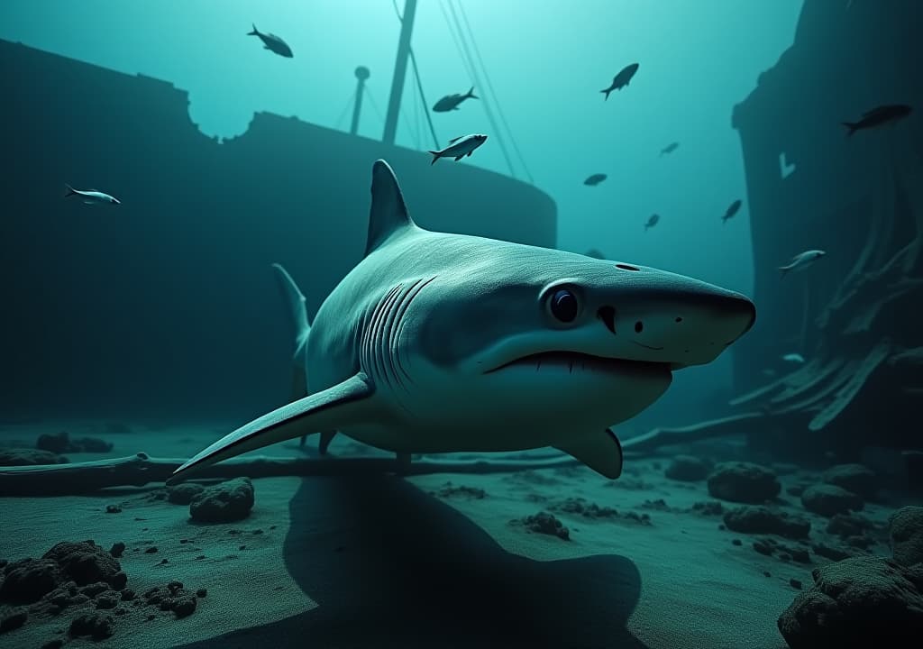  a photoreal, fully grown hammerhead shark patrolling an ancient shipwreck on the ocean floor, ultra detailed. the shark's distinctive head and predatory eyes are highlighted against the eerie, rusted remains of the ship, surrounded by schools of curious fish. the dim light and the ghostly wreckage create a hauntingly beautiful, cinematic underwater tableau.