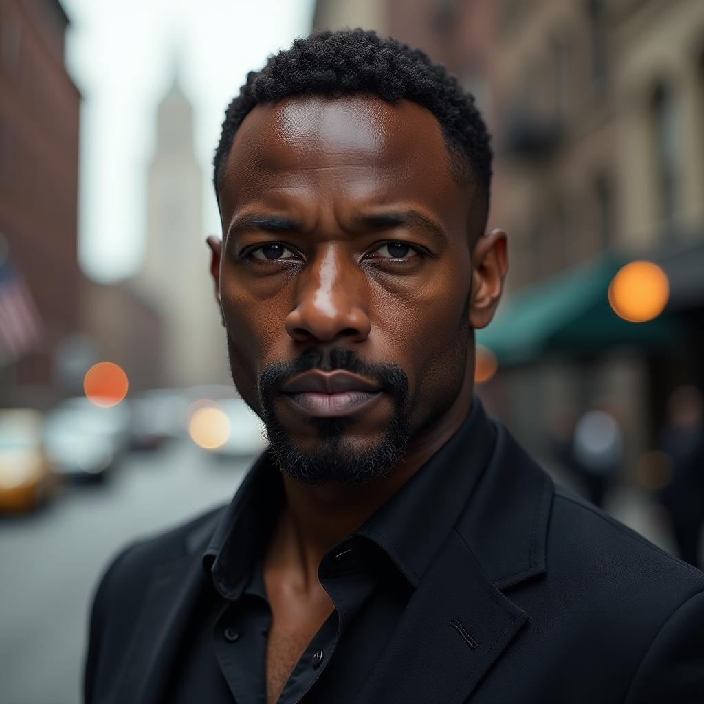  terrence davis: "a hyper realistic headshot of an african american male in his early 40s with short black hair, a neatly trimmed goatee, and piercing dark eyes. he is wearing a dark suit jacket over a casual shirt, looking confidently into the camera with a hint of menace in his expression. the background shows a slightly blurred cityscape, giving the impression of power and control.", high quality, high details, hd, perfect composition, 4k epic detailed, highly detailed, sharp focus, high resolution