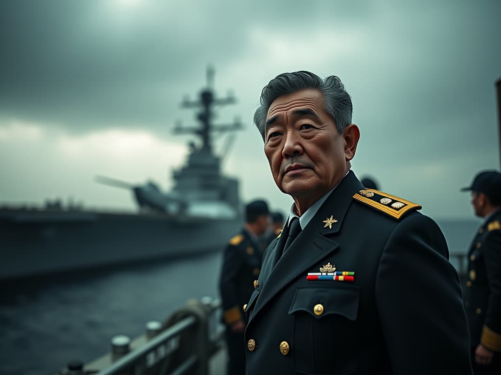  a dramatic portrayal of admiral shizaburo ozawa, known as 'the gargoyle' for his appearance, commanding the japanese fleet during the battle of the philippine sea. the scene captures the tension aboard a japanese aircraft carrier with crew members preparing for battle, showcasing the imposing naval vessels and aircraft in the background, set against a stormy sky that reflects the dire stakes of the conflict. hyperrealistic, full body, detailed clothing, highly detailed, cinematic lighting, stunningly beautiful, intricate, sharp focus, f/1. 8, 85mm, (centered image composition), (professionally color graded), ((bright soft diffused light)), volumetric fog, trending on instagram, trending on tumblr, HDR 4K, 8K