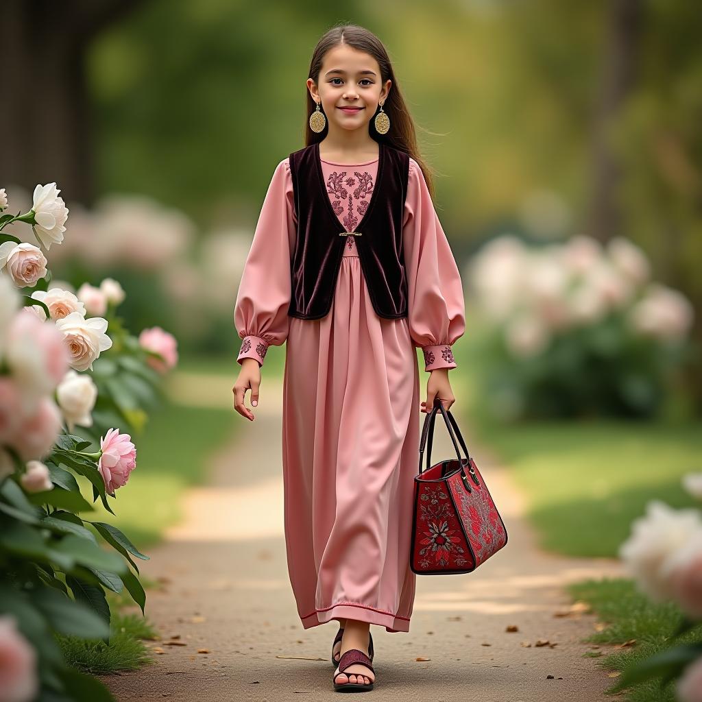  a girl in a delicate romantic dress with national tatar motifs. the girl is depicted in full length. the dress is a soft pink color, long to the floor, with long sleeves. she is wearing a velvet vest over the dress. she is walking through a park, holding a handbag with tatar embroidery that matches the color of her dress. she has large gold earrings on her ears. surrounding her are white and pink flowers.