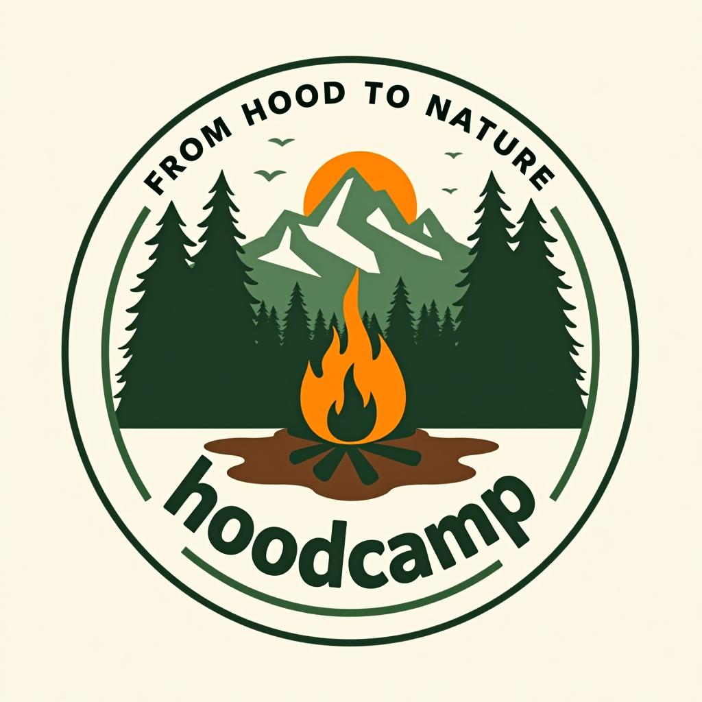  design a logo, ein rundes logo mit weißem rand. auf dem logo ist ein zelt. vor dem zelt ist ein lagerfeuer. im hintergrund ist ein wald der vor der skyline einer großstadt ist. unten am rand vom logo steht „hoodcamp“ oben am rand vom logo steht „from hood to nature