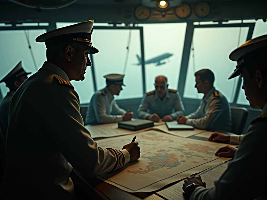  an atmospheric historical representation of admiral raymond spruance strategizing on a ship's bridge during the battle of the philippine sea, surrounded by maps and battle plans, conveying the tension and significance of naval warfare in world war ii, with sailors focused on their duties and aircraft visible in the distance. hyperrealistic, full body, detailed clothing, highly detailed, cinematic lighting, stunningly beautiful, intricate, sharp focus, f/1. 8, 85mm, (centered image composition), (professionally color graded), ((bright soft diffused light)), volumetric fog, trending on instagram, trending on tumblr, HDR 4K, 8K