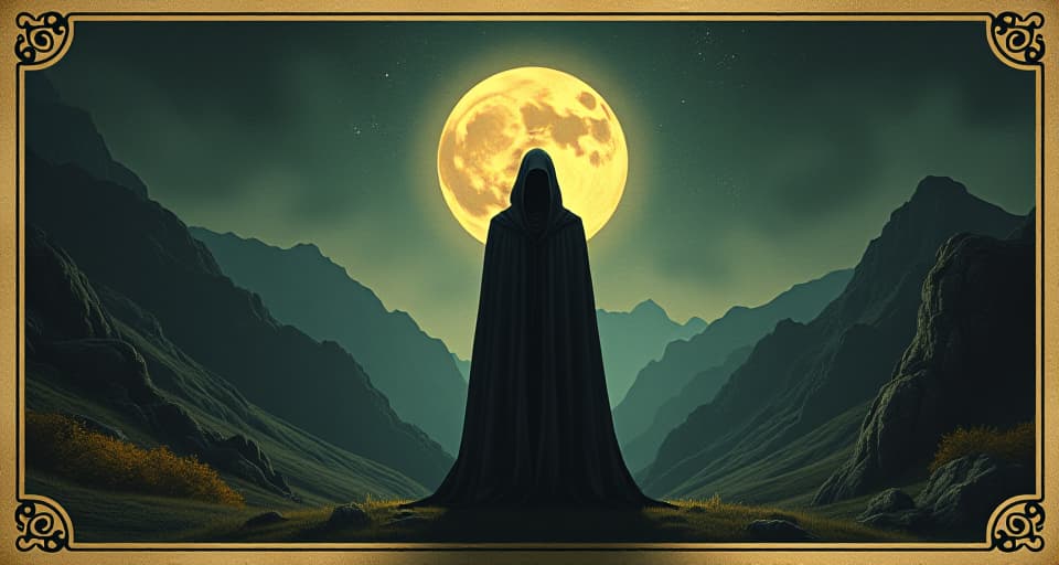  shadowy figure with a glowing aura, ethereal light emanating from within, dark mountains in the background, moonlit sky, mystical atmosphere. an illustration in the style of a worn, mystical old tarot trump card, mysterious and elements of surrealism. the colors are muted, somber and eerie, but with contrast bring out an occult and esoteric vibe.