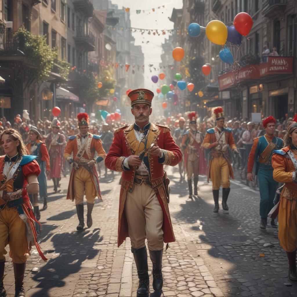 ((masterpiece)),(((best quality))), 8k, high detailed, ultra detailed,A celebration of Labor Day, a festive parade in a city square, people wearing colorful costumes and holding banners, (confetti flying in the air), balloons floating in the sky, marching band playing music hyperrealistic, full body, detailed clothing, highly detailed, cinematic lighting, stunningly beautiful, intricate, sharp focus, f/1. 8, 85mm, (centered image composition), (professionally color graded), ((bright soft diffused light)), volumetric fog, trending on instagram, trending on tumblr, HDR 4K, 8K