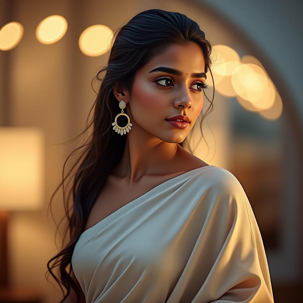  a hyper realistic image of an indian woman, young aged , in a feminine pose , wearing a modern style white saree, bokeh , dream aesthetic , cinematic, hdr, 8k.