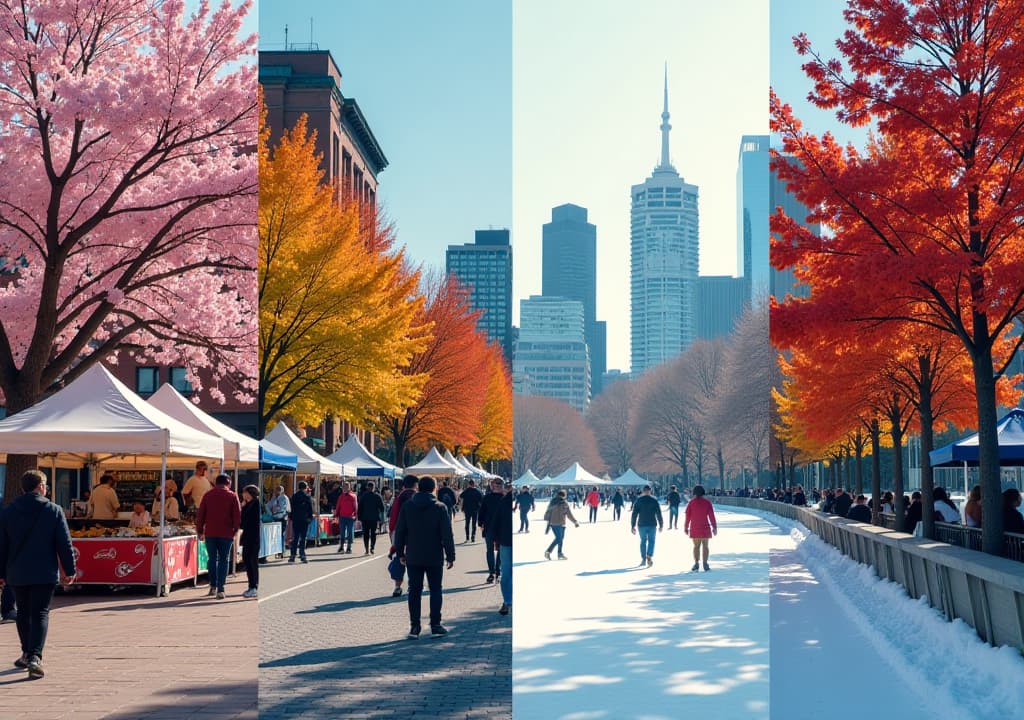  a collage showcasing toronto's beauty across the four seasons, featuring cherry blossoms in high park during spring, vibrant street festivals in kensington market during summer, colorful autumn leaves in humber bay park, and a winter wonderland scene with ice skaters at nathan phillips square, capturing the essence of toronto throughout the year. hyperrealistic, full body, detailed clothing, highly detailed, cinematic lighting, stunningly beautiful, intricate, sharp focus, f/1. 8, 85mm, (centered image composition), (professionally color graded), ((bright soft diffused light)), volumetric fog, trending on instagram, trending on tumblr, HDR 4K, 8K