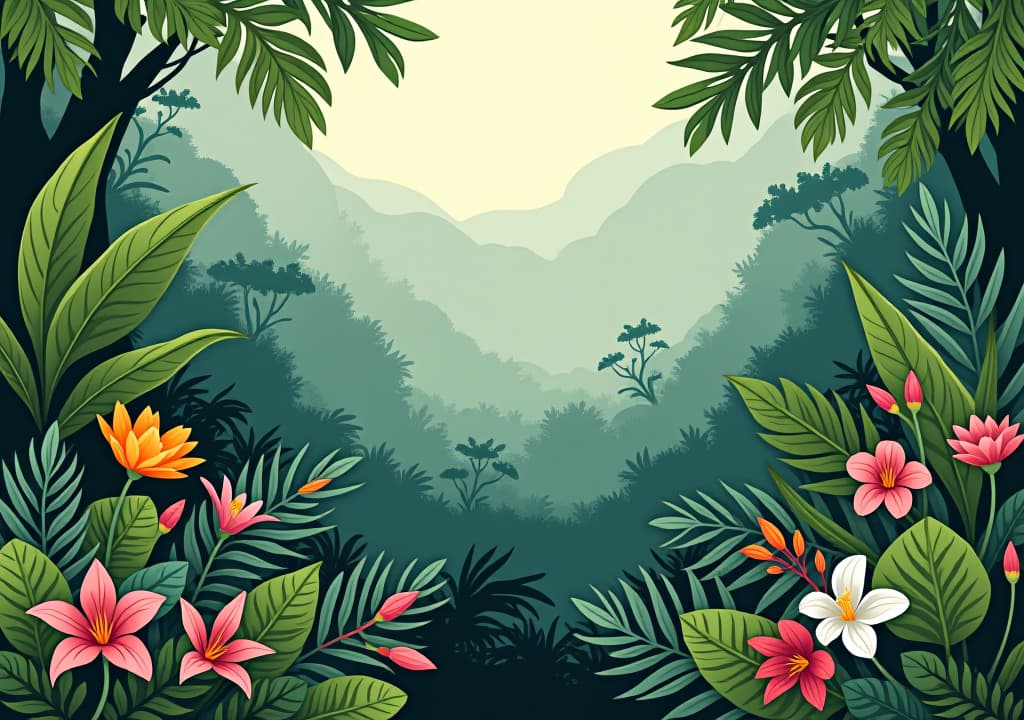  notanical herbal exotic tropical plants herbs flowers botanical foliage background nature jungle lanfscape. graphic art