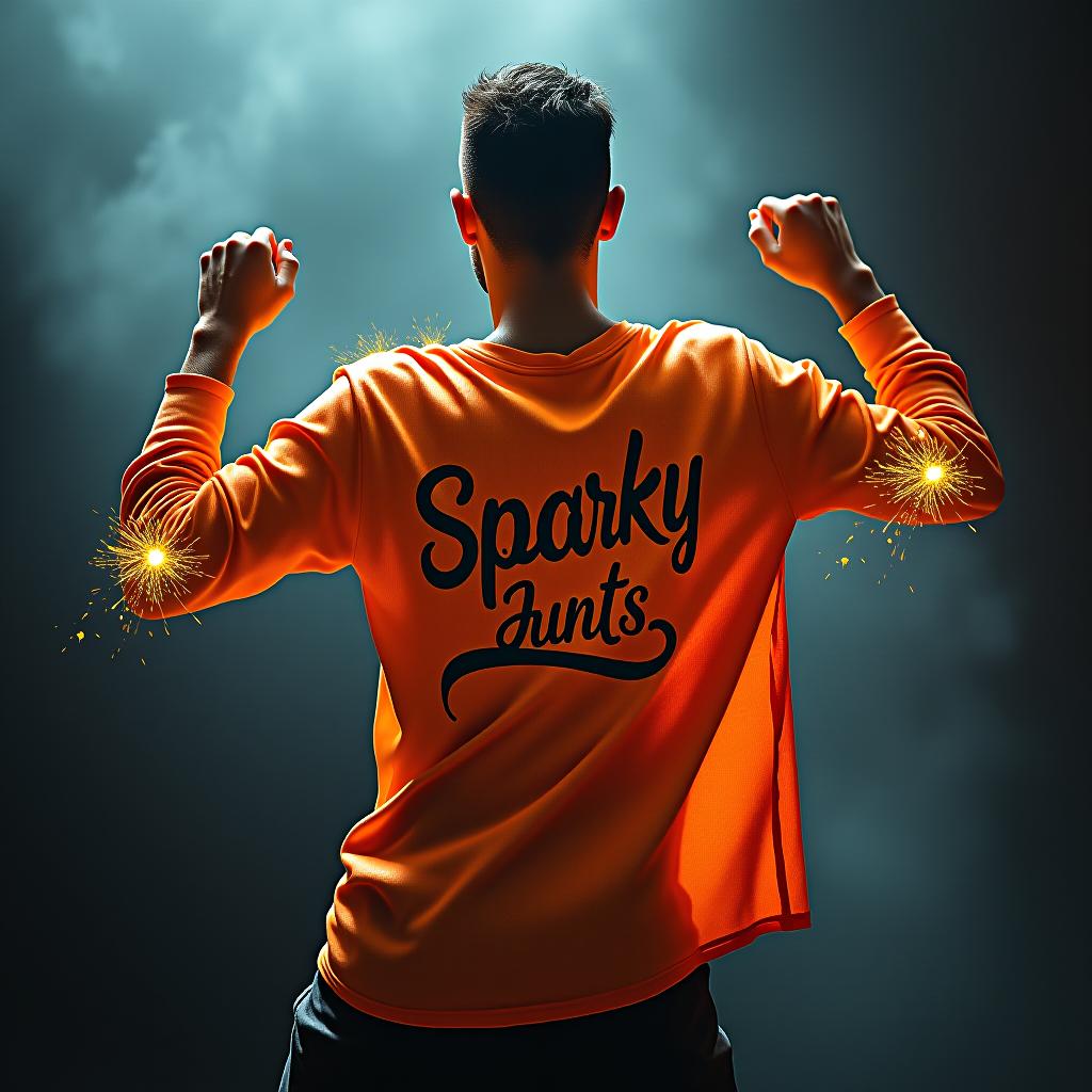  man dancing with a shirt written on it sparky hyperrealistic, full body, detailed clothing, highly detailed, cinematic lighting, stunningly beautiful, intricate, sharp focus, f/1. 8, 85mm, (centered image composition), (professionally color graded), ((bright soft diffused light)), volumetric fog, trending on instagram, trending on tumblr, HDR 4K, 8K