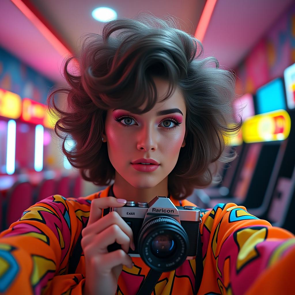  a hyper realistic 1980s selfie featuring a person with big, voluminous hair styled with hairspray, wearing bright neon clothing and bold geometric patterns. the background should be a retro arcade with classic game machines and neon lights. the person's makeup should include bright eyeshadow and heavy eyeliner, and they should be holding a vintage film camera. the overall image should have a slightly grainy texture to capture the essence of the 80s photographic style hyperrealistic, full body, detailed clothing, highly detailed, cinematic lighting, stunningly beautiful, intricate, sharp focus, f/1. 8, 85mm, (centered image composition), (professionally color graded), ((bright soft diffused light)), volumetric fog, trending on instagram, trending on tumblr, HDR 4K, 8K