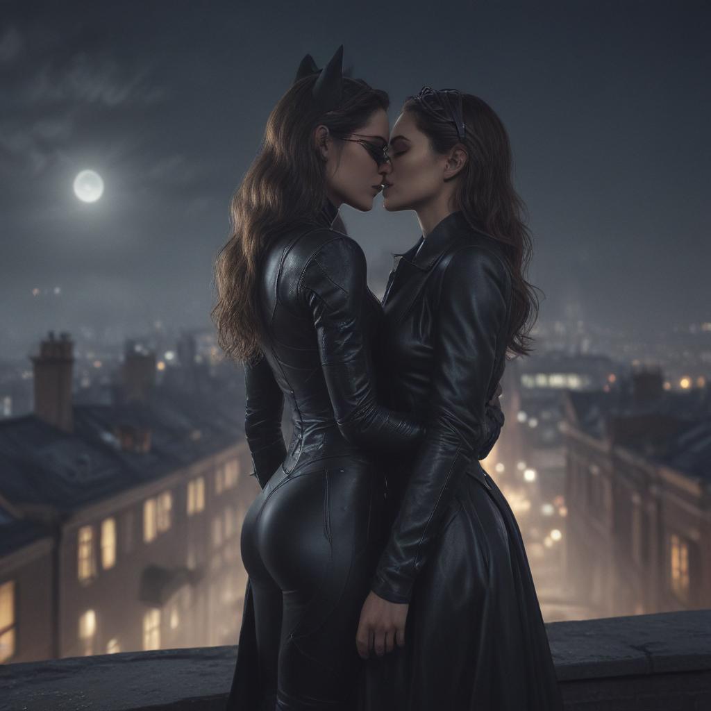 ((masterpiece)),(((best quality))), 8k, high detailed, ultra detailed, Cat Woman kiss, enigmatic smile, moonlit rooftop, cinematic feel, romantic gesture hyperrealistic, full body, detailed clothing, highly detailed, cinematic lighting, stunningly beautiful, intricate, sharp focus, f/1. 8, 85mm, (centered image composition), (professionally color graded), ((bright soft diffused light)), volumetric fog, trending on instagram, trending on tumblr, HDR 4K, 8K