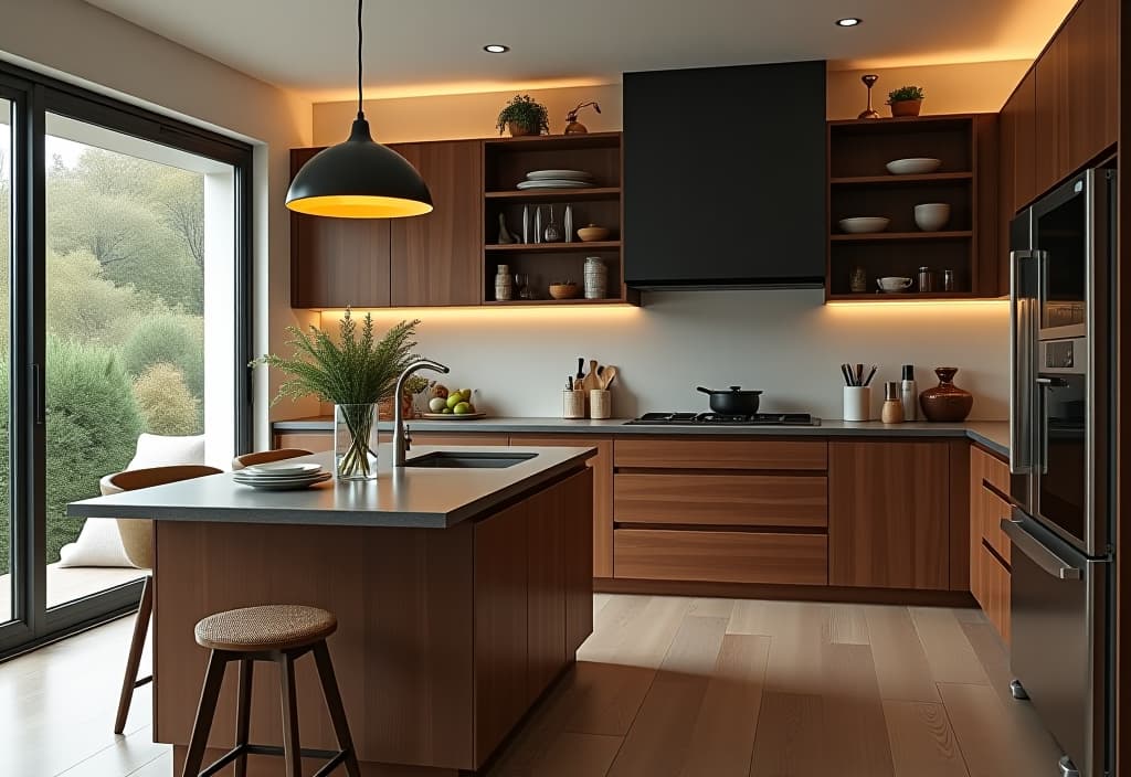  a landscape photo of a contemporary kitchen featuring budget friendly open shelving, a statement light fixture, and a mix of textures including wood and metal accents hyperrealistic, full body, detailed clothing, highly detailed, cinematic lighting, stunningly beautiful, intricate, sharp focus, f/1. 8, 85mm, (centered image composition), (professionally color graded), ((bright soft diffused light)), volumetric fog, trending on instagram, trending on tumblr, HDR 4K, 8K