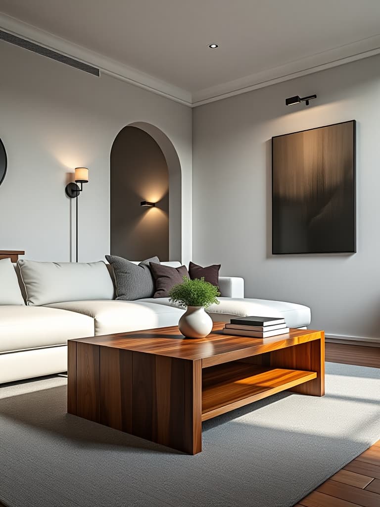  high quality portrait photo of an elegant living room featuring a reclaimed wood coffee table paired with a minimalist white sectional sofa, accented by industrial metal light fixtures hyperrealistic, full body, detailed clothing, highly detailed, cinematic lighting, stunningly beautiful, intricate, sharp focus, f/1. 8, 85mm, (centered image composition), (professionally color graded), ((bright soft diffused light)), volumetric fog, trending on instagram, trending on tumblr, HDR 4K, 8K