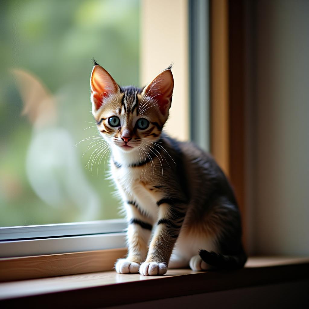  a little kitten is sitting on the window.