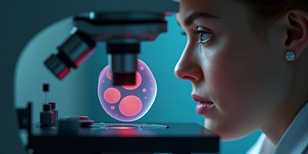  a close up image of a cell under a microscope, with its nucleus pulsing and chromosomes in disarray. dr. petrova, her face etched with concern, adjusts the microscope dials, her reflection visible in the lens. hyperrealistic, full body, detailed clothing, highly detailed, cinematic lighting, stunningly beautiful, intricate, sharp focus, f/1. 8, 85mm, (centered image composition), (professionally color graded), ((bright soft diffused light)), volumetric fog, trending on instagram, trending on tumblr, HDR 4K, 8K