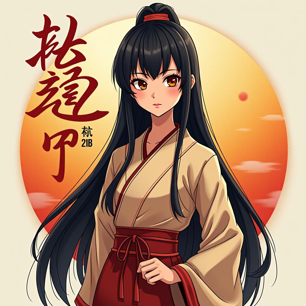  a fair skinned indian girl with an appearance that resembles a japanese character, wearing traditional indian attire with modern influences. she has large expressive eyes, straight black hair styled in a blend of traditional indian and modern japanese fashion, and a calm, confident expression. the girl is standing in a dynamic pose, with the text ‘kalpana 20b’ elegantly displayed as a logo near her, possibly in a calligraphic or stylish font. the background is a blend of indian and japanese cultural elements, symbolizing her unique identity