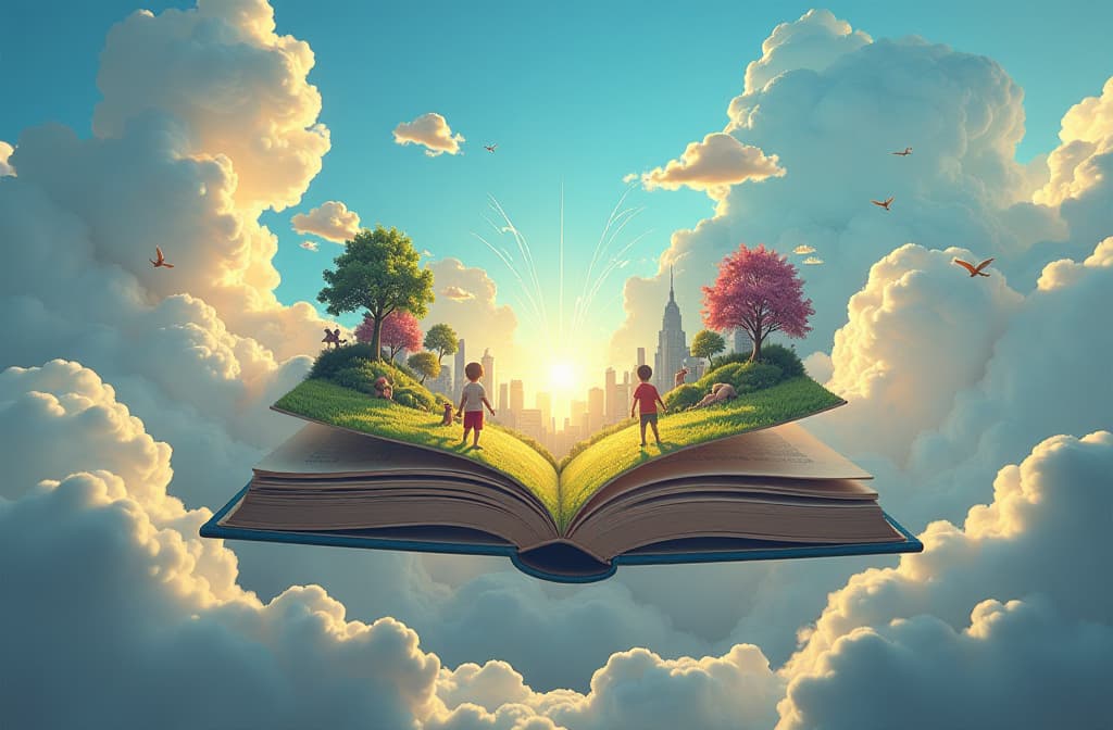  "create a surreal scene where a giant, open book floats in a dreamy sky, its pages transforming into colorful landscapes and whimsical characters. each page should depict a different environment—like a bustling cityscape, a serene forest, and an underwater world—blending seamlessly into one another. ethereal light pours from the book, illuminating the surroundings and casting playful shadows on the clouds. include small, curious creatures exploring this magical realm, showcasing the wonder of imagination." hyperrealistic, full body, detailed clothing, highly detailed, cinematic lighting, stunningly beautiful, intricate, sharp focus, f/1. 8, 85mm, (centered image composition), (professionally color graded), ((bright soft diffused light)), volumetric fog, trending on instagram, trending on tumblr, HDR 4K, 8K