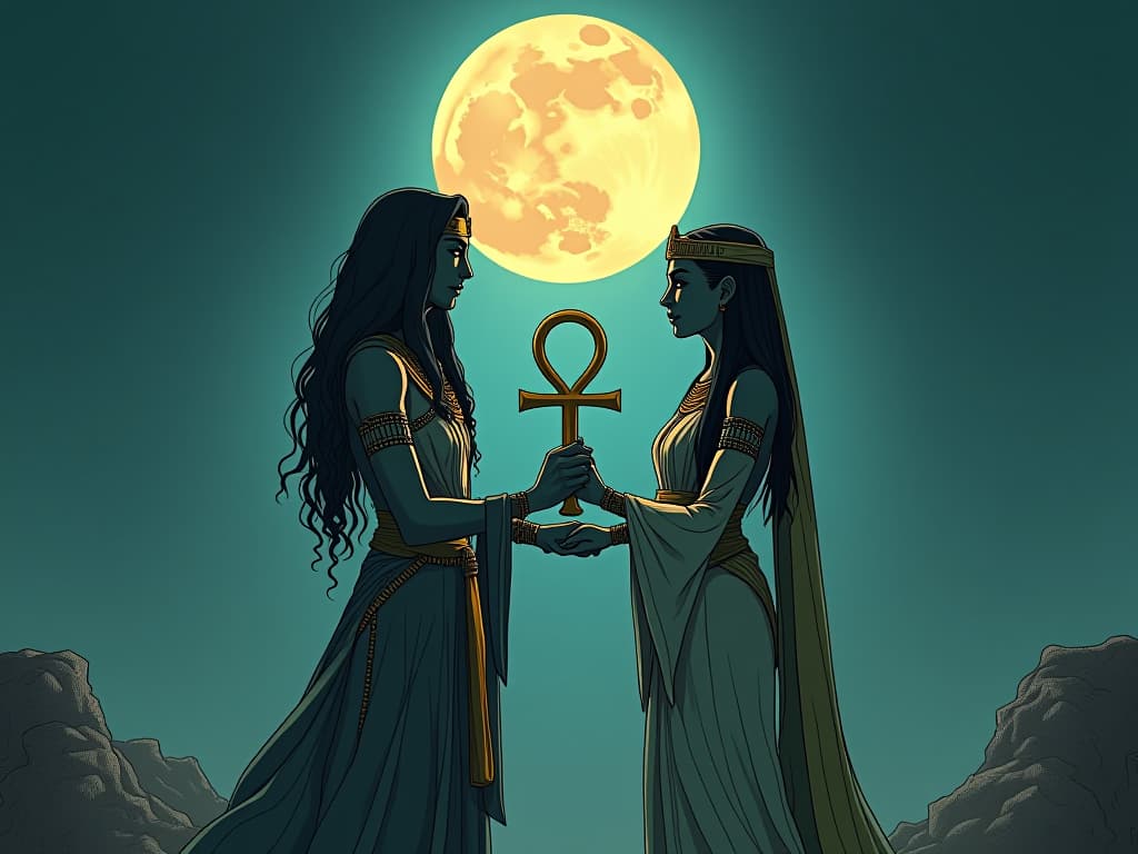  two figures holding an ankh together, symbolizing unity and communication, under the full moon, serene atmosphere. the style is digital art illustration / modern comic book / mysterious occult, symbolic, esoteric vibe,high detail on character design, incorporating ancient egyptian symbology and attire.