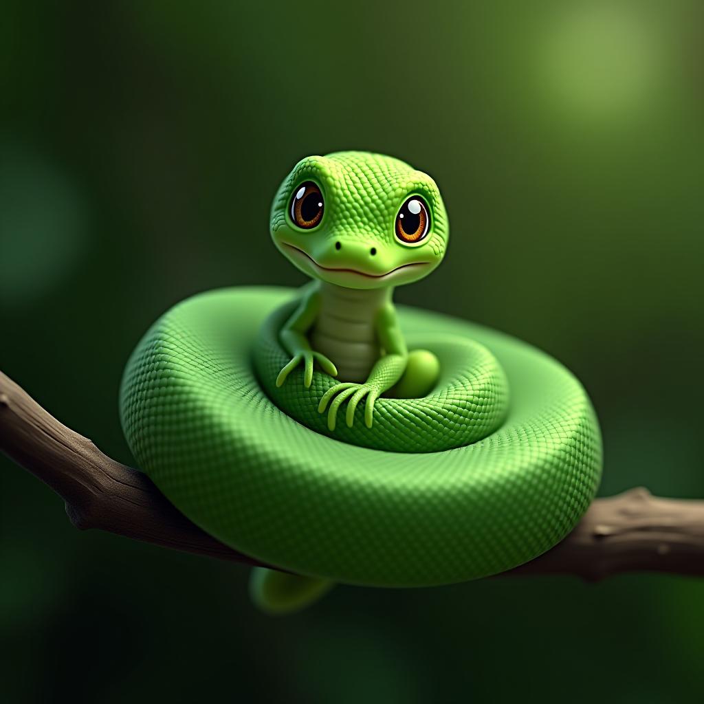  the green cute snake is sitting, wrapping its body around a branch.