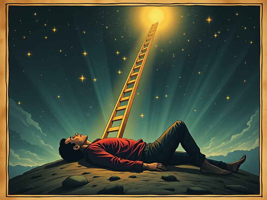  a man lying on the ground, looking up with wonder, a luminous ladder stretching from earth to heaven, clear night sky filled with stars, divine, awe inspiring. an illustration in the style of a worn, mystical old tarot trump card, mysterious and elements of surrealism. the colors are muted, somber and eerie, but with contrast bring out an occult and esoteric vibe.