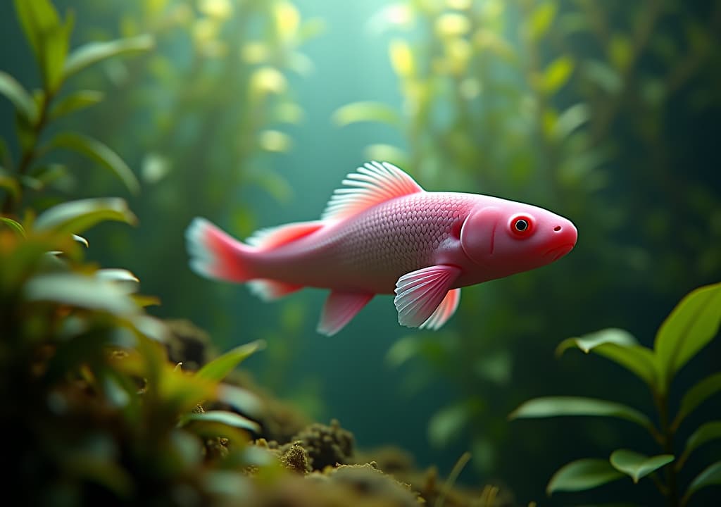  an ethereal underwater scene featuring a vibrant pink axolotl gracefully swimming among lush, green aquatic plants, illuminated by soft sunlight filtering through the water, symbolizing renewal and resilience in its serene environment. hyperrealistic, full body, detailed clothing, highly detailed, cinematic lighting, stunningly beautiful, intricate, sharp focus, f/1. 8, 85mm, (centered image composition), (professionally color graded), ((bright soft diffused light)), volumetric fog, trending on instagram, trending on tumblr, HDR 4K, 8K