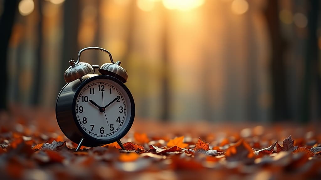  concept, daylight saving time. sommer time, winter time, changeover, switch of time. sommer or winter time. clock as a timer for celebrations. autumnal forest and leaves