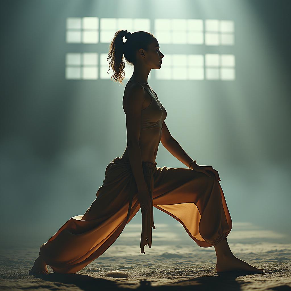  a girl is doing yoga on the side in an outfit where the pants are loose fitting at the bottom. hyperrealistic, full body, detailed clothing, highly detailed, cinematic lighting, stunningly beautiful, intricate, sharp focus, f/1. 8, 85mm, (centered image composition), (professionally color graded), ((bright soft diffused light)), volumetric fog, trending on instagram, trending on tumblr, HDR 4K, 8K