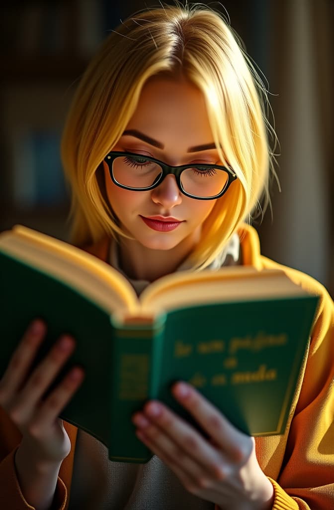  a short woman with yellow hair and glasses reading a green book and the cover of the book says “leer una pÁgina al dia” hyperrealistic, full body, detailed clothing, highly detailed, cinematic lighting, stunningly beautiful, intricate, sharp focus, f/1. 8, 85mm, (centered image composition), (professionally color graded), ((bright soft diffused light)), volumetric fog, trending on instagram, trending on tumblr, HDR 4K, 8K