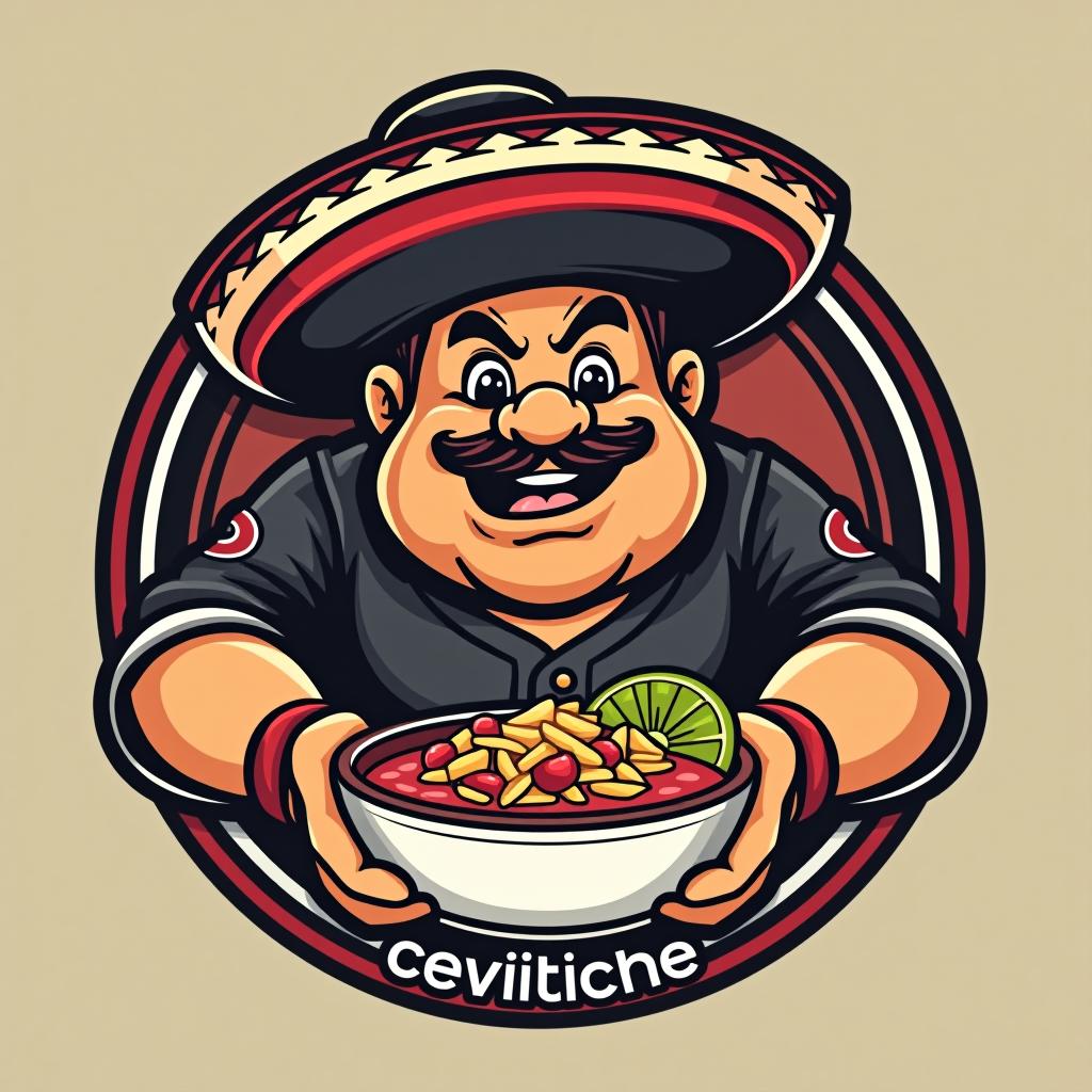  design a logo, chubby mexican with bowl of ceviche wearing an atlanta braves hat , with the text 'carlitos ceviche '.