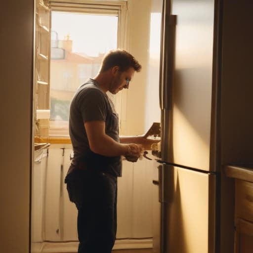 A photo of a skilled appliance technician repairing a malfunctioning refrigerator in a bustling urban kitchen during the late afternoon, bathed in warm, golden sunlight filtering through a nearby window.