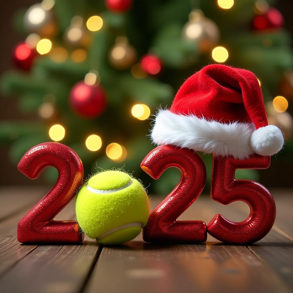  the background is festive with blurred christmas tree lights, top view. in the center of the picture are large numbers "2025", the numbers take up most of the picture. on the numbers is a red santa claus hat. the numbers are laid out with tennis balls. the whole composition is imbued with the atmosphere of new year and christmas. the picture is made in red, green and gold colors. {prompt}, maximum details