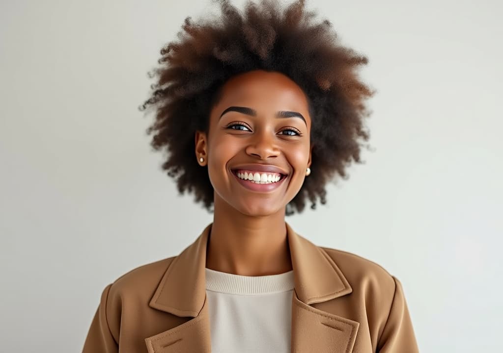  a happy person, mixed race, wearing neutral modern clothing. they are happy, clean background.