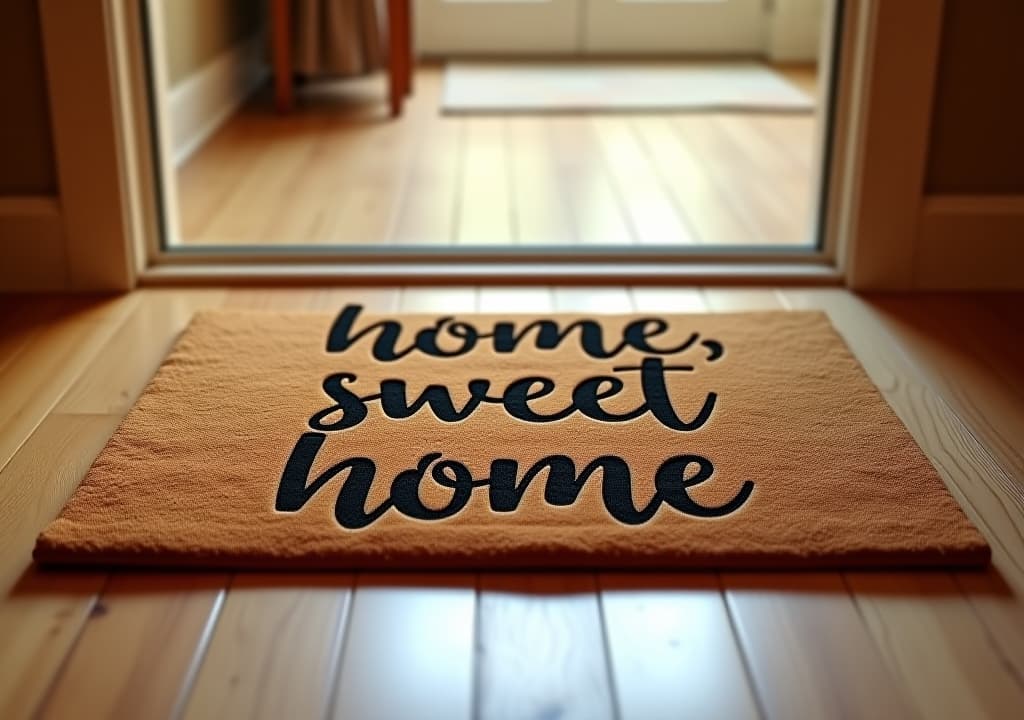  closeup of a brown doormat or welcome mat with the text "home, sweet home" on a wooden parquet or laminate floor indoors, in a house interior. welcoming greeting for the guests, entrance carpet