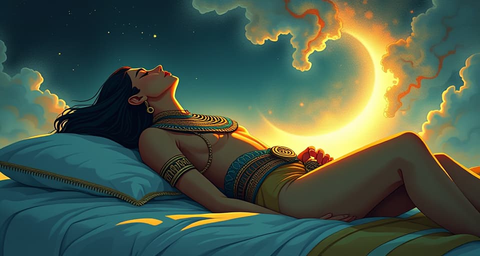  a sleeping figure, surrounded by soft, swirling celestial light, restful and entranced, mysterious aura. the style is digital art illustration / modern comic book / mysterious occult, symbolic, esoteric vibe,high detail on character design, incorporating ancient egyptian symbology and attire.