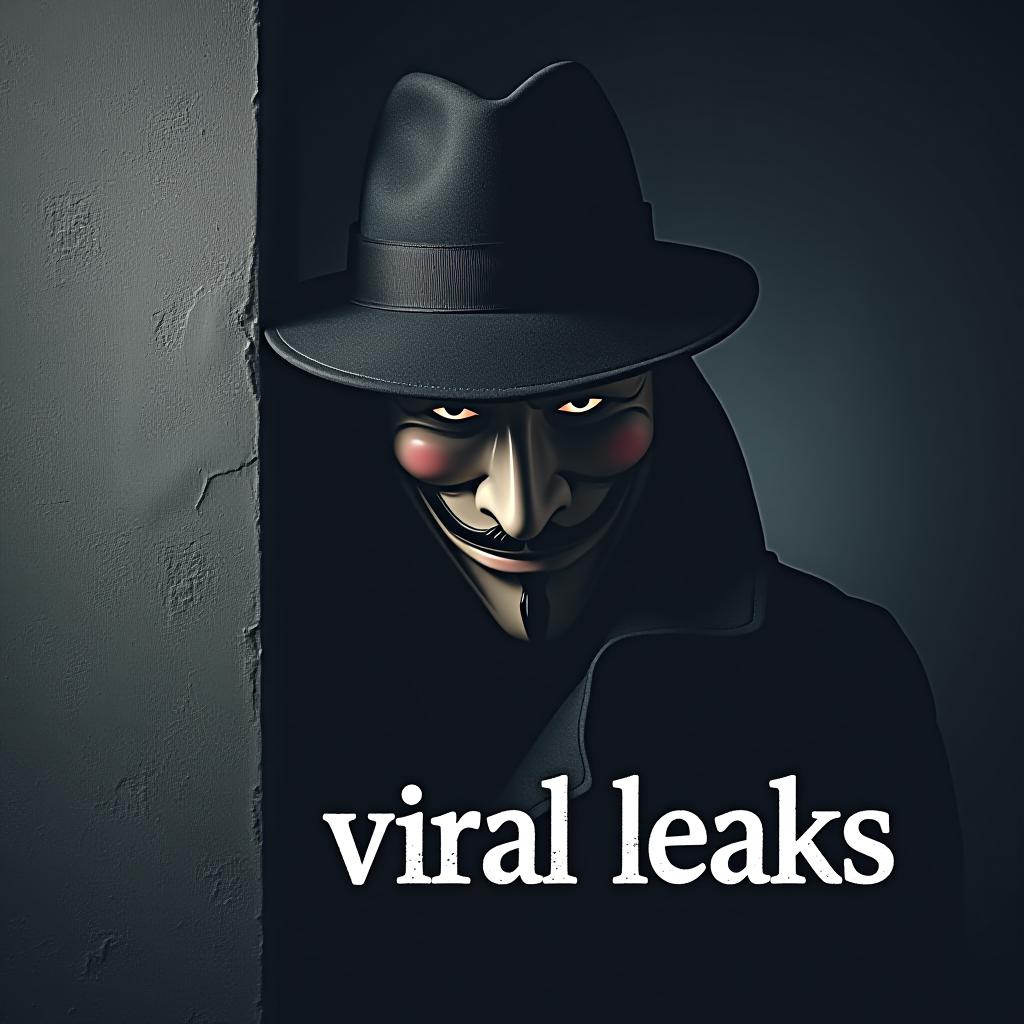  good quality, high quality, a anonymous hide face for "viral leaks," featuring a realistic character wearing a trench coat and hat, peeking out from behind a wall with a mischievous grin. the text "viral leaks" is styled in a hacker font with subtly integrated into the design, representing the idea of leaks.