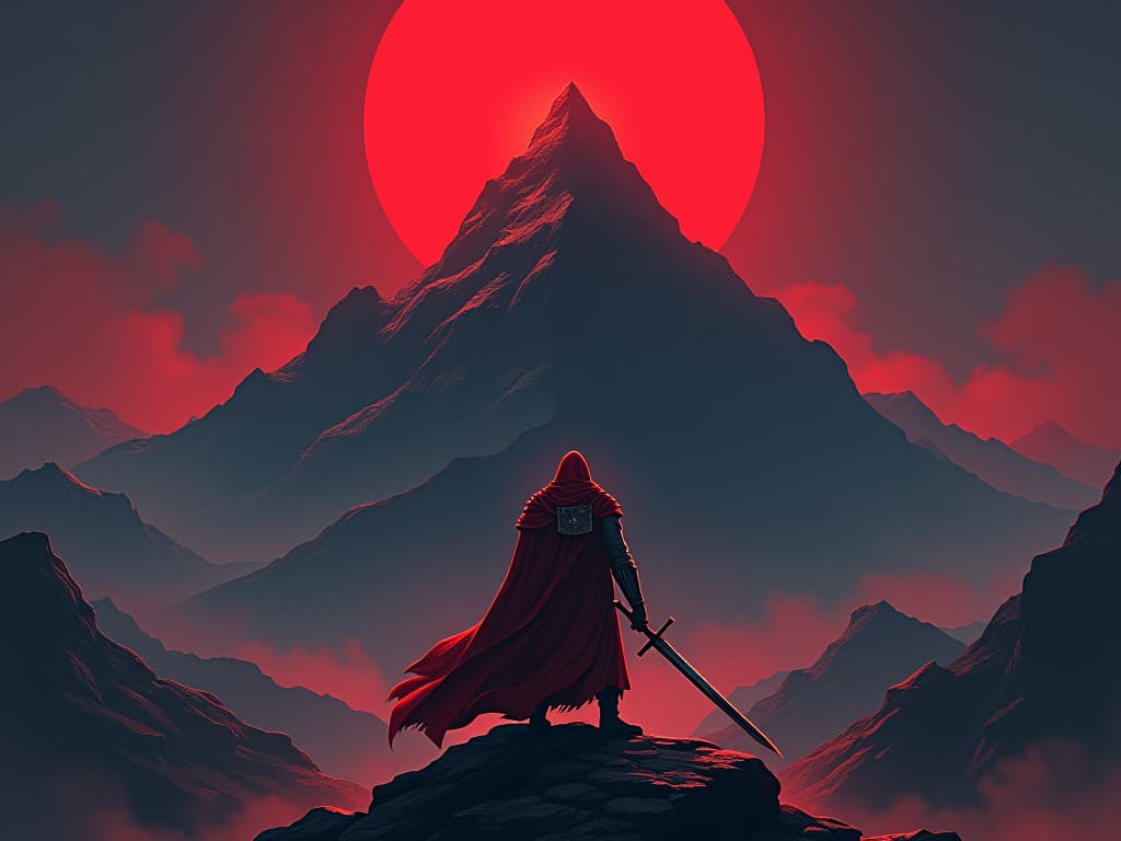  warrior in red, standing before a mountain peak, sword raised, air of perseverance and dedication. the style is digital art illustration / modern comic book / graphic dark novel fantasy and mysterious occult, symbolic, moody lighting, esoteric vibe,high detail on character design. for the color scheme emphasize blacks and reds.