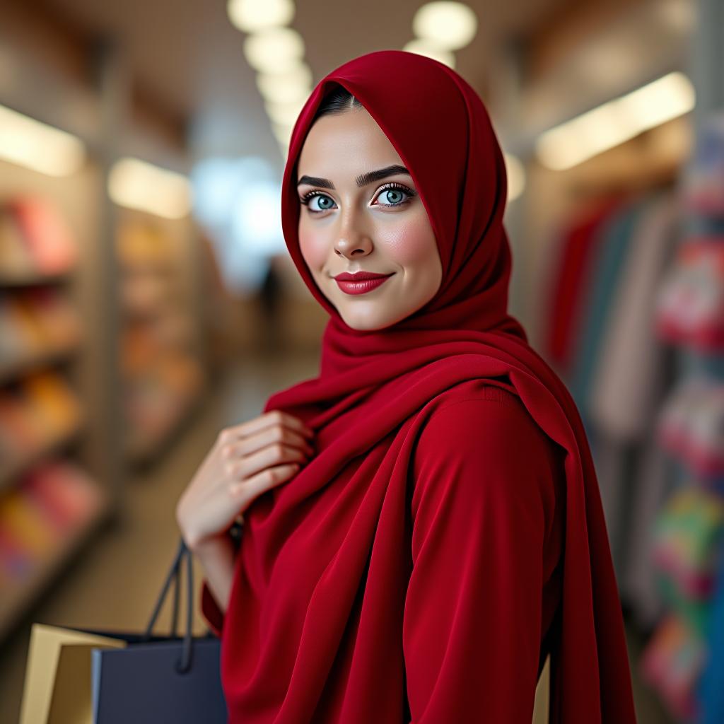  a muslim woman in red with blue eyes shopping.