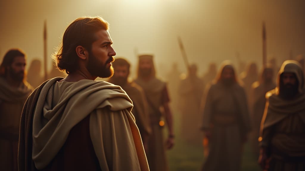  history of biblical times, gideon speaking to god, receiving direction to reduce his forces, a look of concern on his face. hyperrealistic, full body, detailed clothing, highly detailed, cinematic lighting, stunningly beautiful, intricate, sharp focus, f/1. 8, 85mm, (centered image composition), (professionally color graded), ((bright soft diffused light)), volumetric fog, trending on instagram, trending on tumblr, HDR 4K, 8K