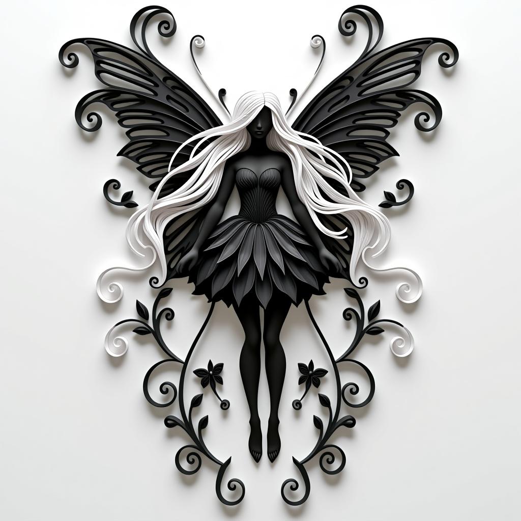  paper quilling art of the black white vector contour of the fairy with wings, the fairy's standing in full height, in a short dress with very long light hair . intricate, delicate, curling, rolling, shaping, coiling, loops, 3d, dimensional, ornamental hyperrealistic, full body, detailed clothing, highly detailed, cinematic lighting, stunningly beautiful, intricate, sharp focus, f/1. 8, 85mm, (centered image composition), (professionally color graded), ((bright soft diffused light)), volumetric fog, trending on instagram, trending on tumblr, HDR 4K, 8K