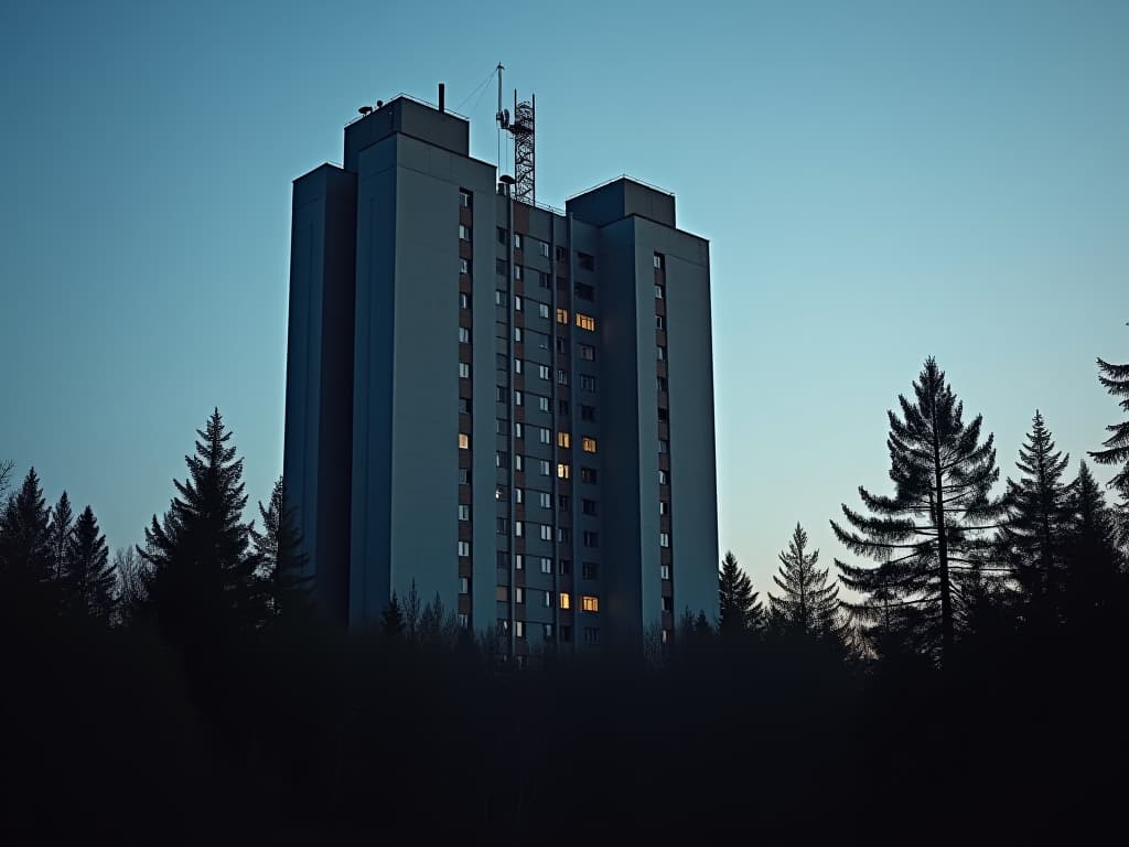  a tall building of a soviet research institute in the brutalist style of the 70s 80s, late in the clear summer evening in a dense pine forest, dim lights in some windows, antennas on the roof