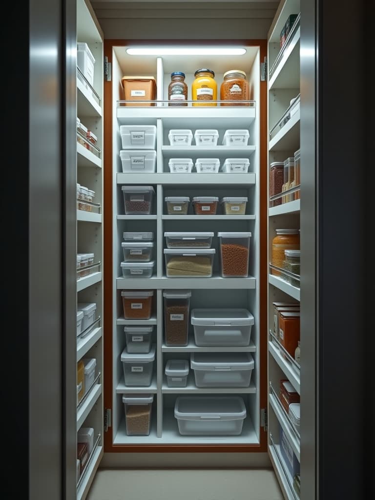  high quality portrait photo of a cinematic side view of a narrow pantry cabinet with clear, stackable containers, adjustable door racks, and a sliding mechanism, illuminated by soft, ambient lighting hyperrealistic, full body, detailed clothing, highly detailed, cinematic lighting, stunningly beautiful, intricate, sharp focus, f/1. 8, 85mm, (centered image composition), (professionally color graded), ((bright soft diffused light)), volumetric fog, trending on instagram, trending on tumblr, HDR 4K, 8K