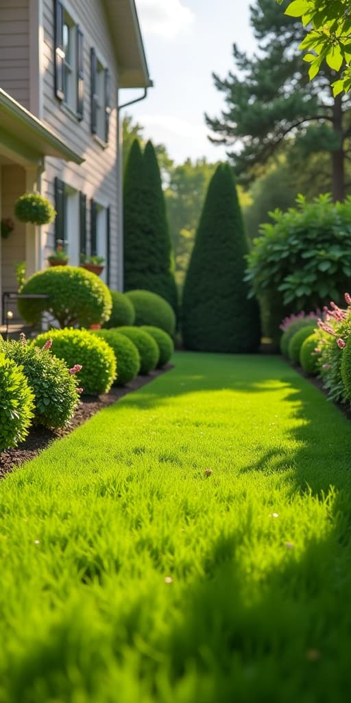  perfect manicured lawn and flowerbed with shrubs in sunshine, on a backdrop of residential house backyard, high quality, high details, hd, perfect composition, 4k epic detailed, highly detailed, sharp focus, high resolution