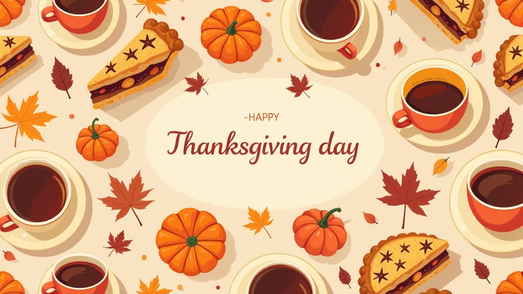  flat illustration, flaticon, (illustration:1.15), pattern with cups of tea and sweets: repeating images of cups of smoky tea, pies and gingerbread in autumnal colors, with a blank space in the middle with the inscription "happy thanksgiving day", complemented by leaves and small pumpkins. color palette: warm browns and oranges ar 16:9, [cory loftis, strobist, pascal campion :: 0.2]